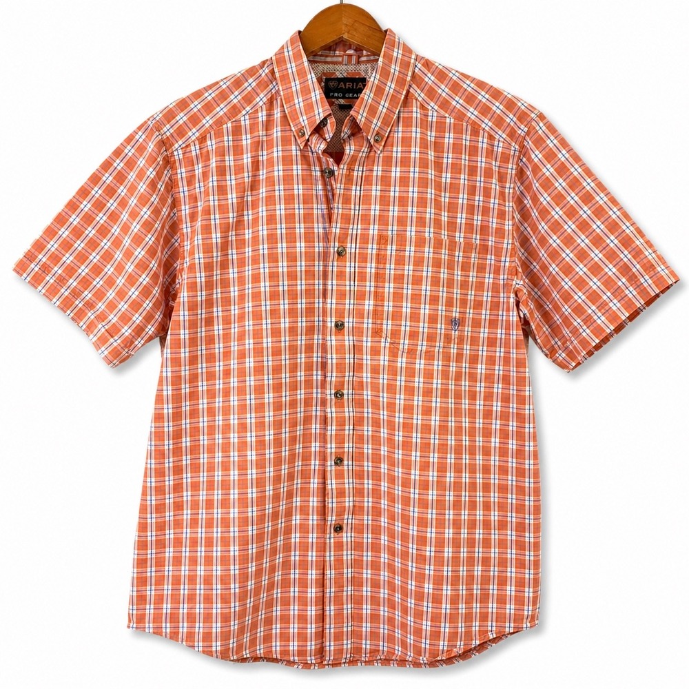 Ariat Pro Series Mens Orange Plaid Short Sleeve Button‎ Down Shirt Large READ